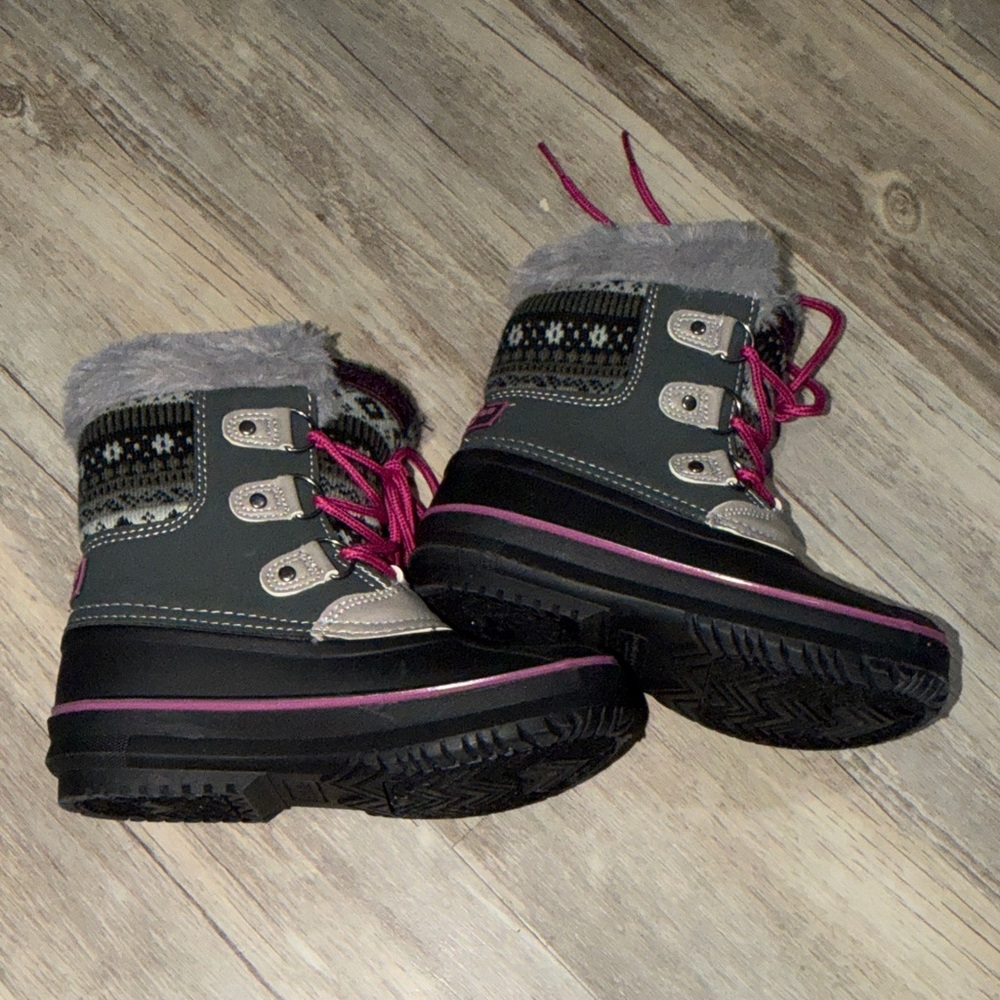 London Fog Gray and Pink Kids Waterproof Snow Boots